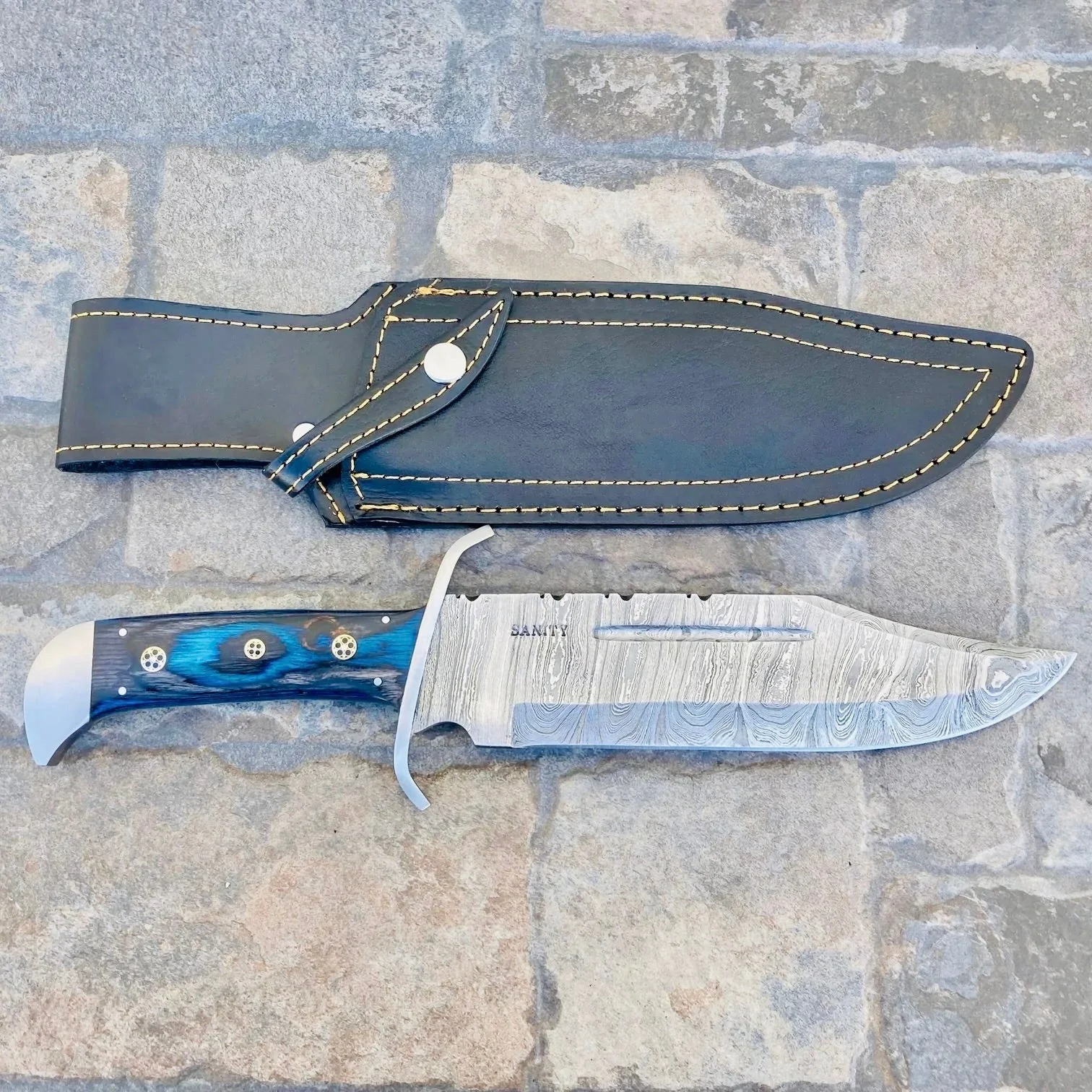 14” Jim Bowie - Blue & Black Wood - Damascus - Vertical Carry - JBSC4 - Image 3