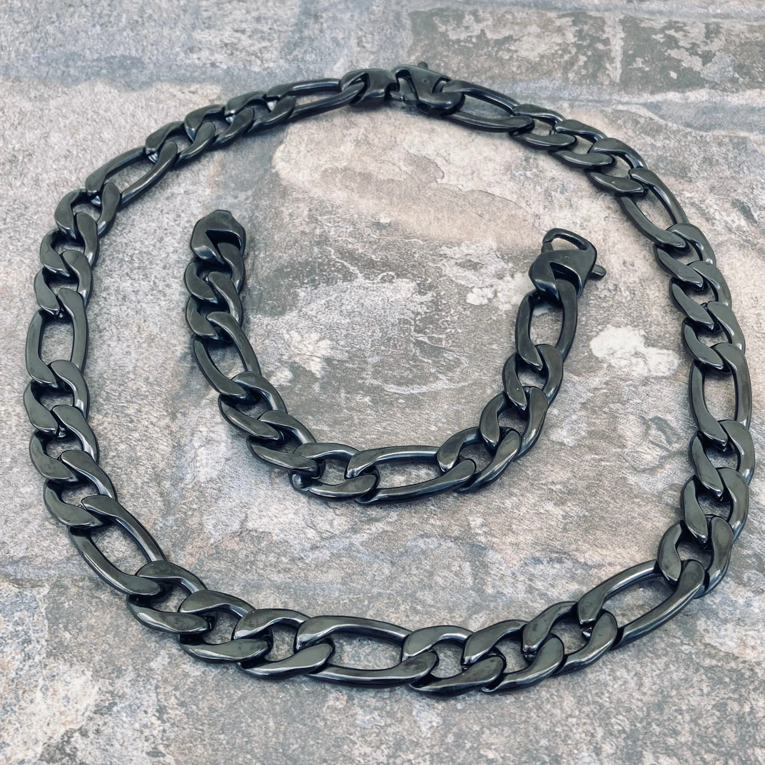 Necklace Figaro - 1/2" Classic - Polished Black Sicilian - FN201 - Image 3